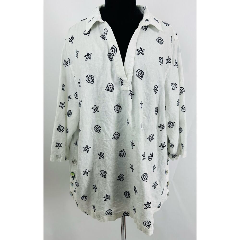 Calypso St. Barth White Linen Shell & Starfish Print Button-Front Blouse